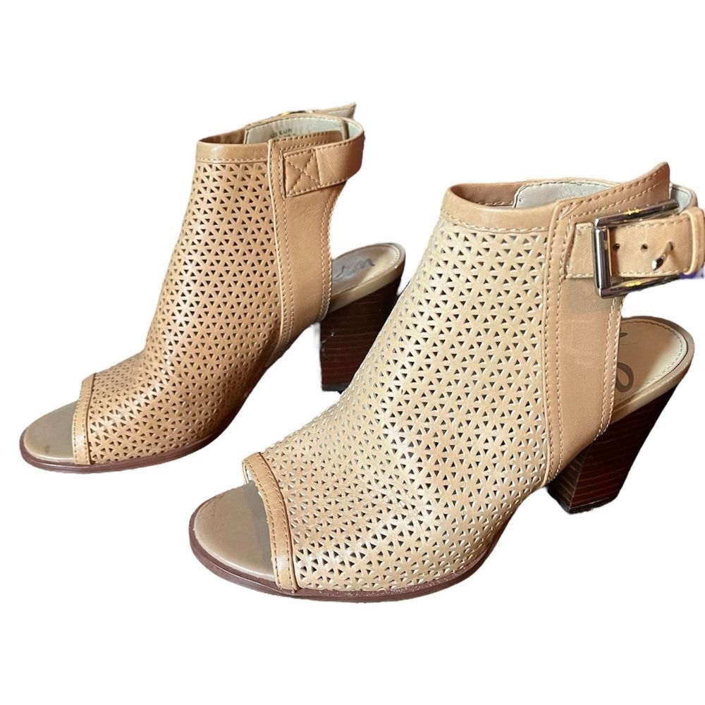 Sam Edelman Henri Tan Leather Open Toe Heeled Buckle Strap Ankle Booties SZ 6.5 - Picture 3 of 8